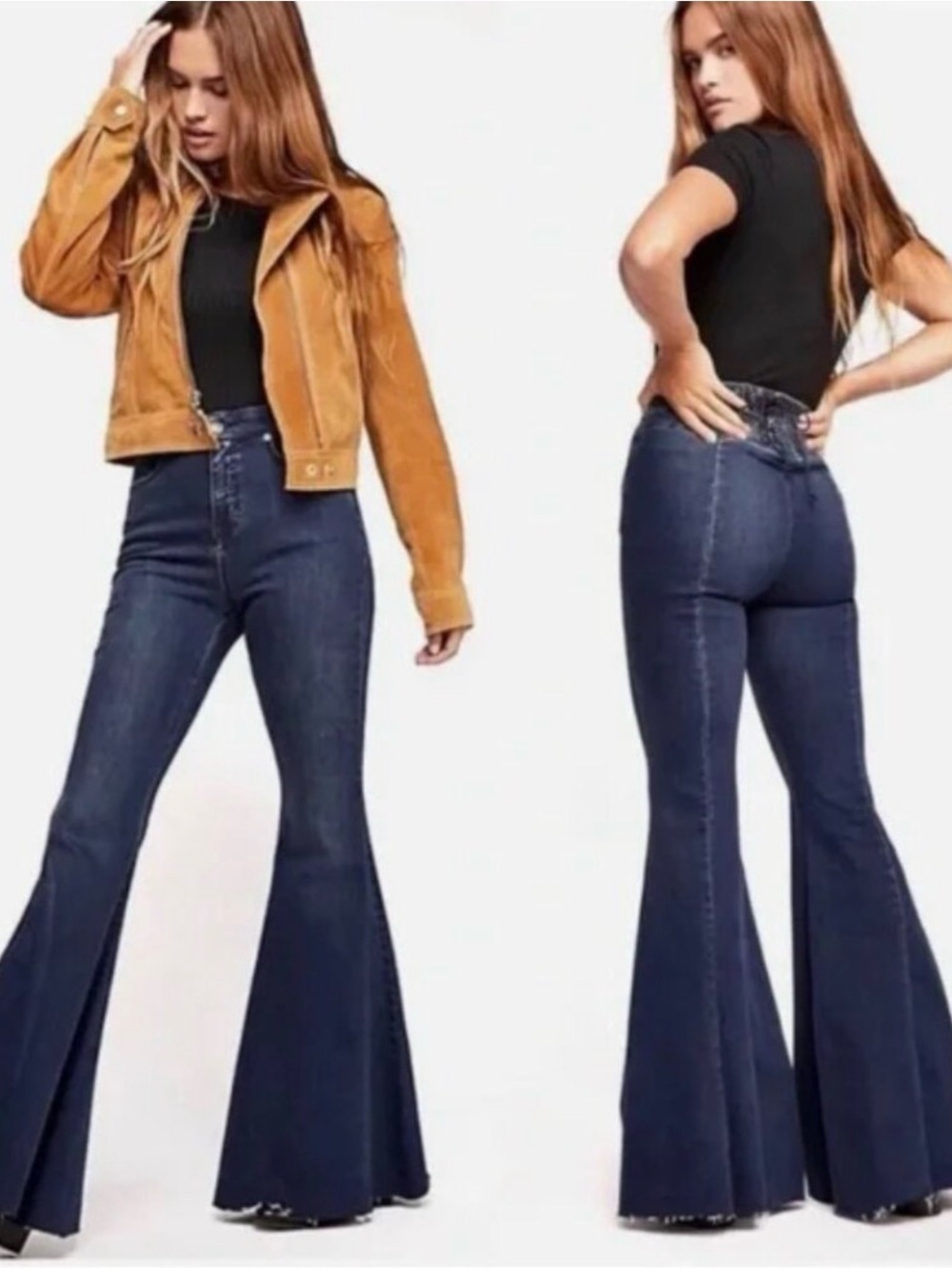WE THE FREE CRVY Size 29 Super High-Rise Lace-Up Flare Raw Hem Stretch Jeans - Picture 2 of 10